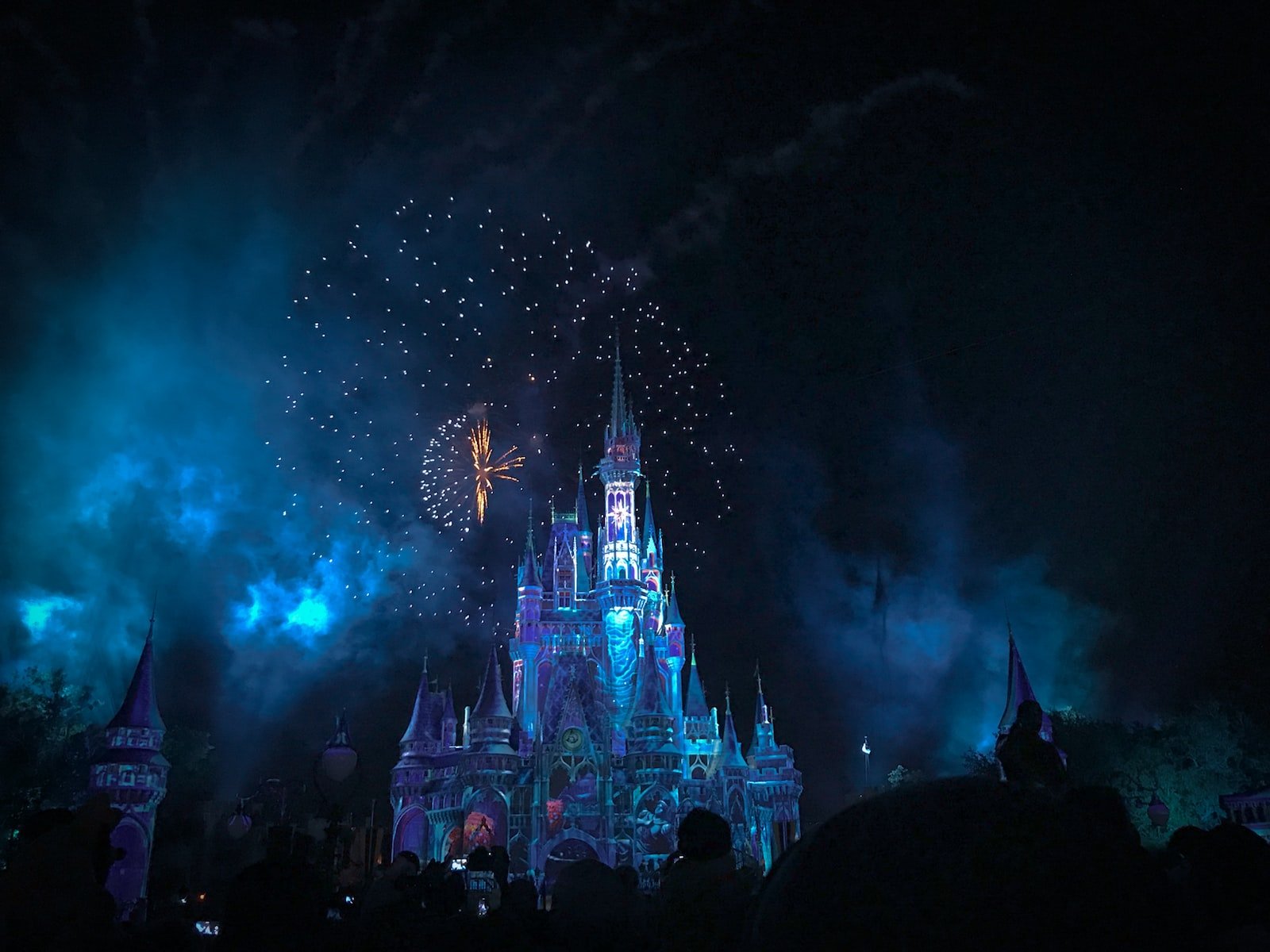 disney crystal castle with fireworks at night